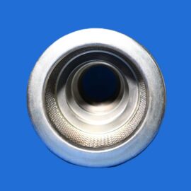 Close-up of a metal circular object (lens-like) with inner rings against a solid blue background