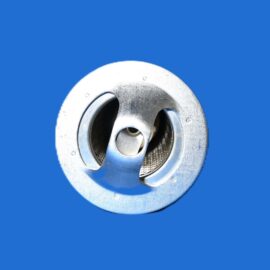 Close-up of a silver metal flange with concentric rings against a solid blue background.