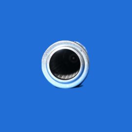 Close-up of a silver metal circular opening against a solid blue background.
