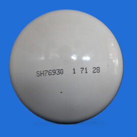 Close-up of a white ceramic plate against a solid blue background with black stamped numbers along its bottom edge.