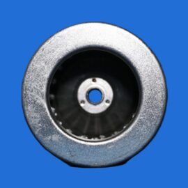 Close-up of a silver textured metal ring with a central hole against a solid blue background.