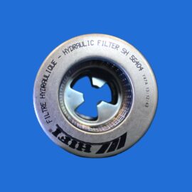 Close-up of a silver hydraulic filter ring against a solid blue background, with stamped text around the rim