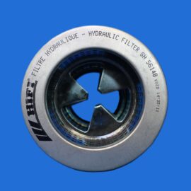 Close-up of a hydraulic filter against a blue background, with 'HYDRAULIC FILTER' printed on the ring.