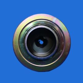 Close-up of a metallic lens ring with an iridescent finish against a blue background.