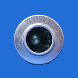 Close-up of a silver metal ring with a dark hollow center on a blue background.