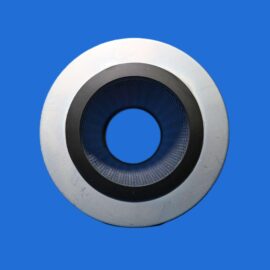 Close-up of a circular metal ring with a perforated inner surface set against a solid blue background.