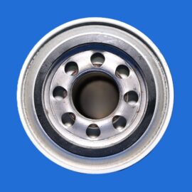 Close-up of a metal automotive wheel hub with circular holes, set against a blue background.