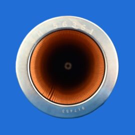 Close-up of a metal camera lens barrel with an orange interior, viewed from above against a blue background