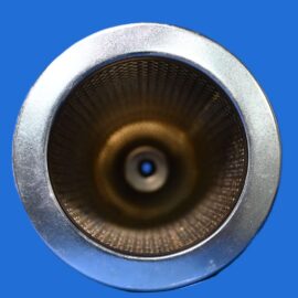 Close-up of a shiny metal circular opening with a textured inner surface against a blue background.