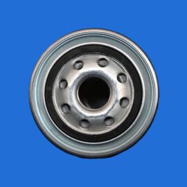 Close-up of a silver metal pulley with multiple circular holes, set against a solid blue background.