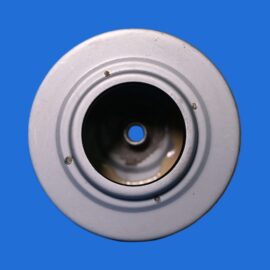 Close-up of a silver metal flange with a central hole on a blue background.
