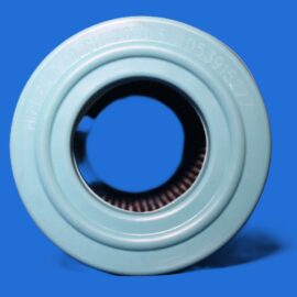 Close-up of a light-blue circular mechanical part (flange/adapter) with a ridged inner bore, set against a solid blue background.