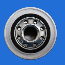 Close-up of a metal wheel hub with multiple bolt holes, mounted in a white rim against a solid blue background.