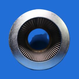 Close-up of a metallic turbine ring with inner blades against a solid blue background.