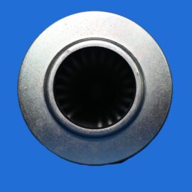 Close-up of a metallic circular ring with a hollow center on a bright blue background.