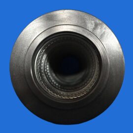 Close-up of a metallic camera lens mount facing the viewer against a solid blue background.