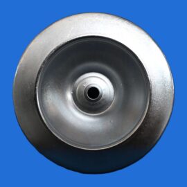 Close-up of a shiny metal circular disk with a central hole against a blue background.