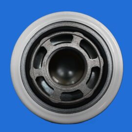 Close-up of a silver bearing with inner race and rolling elements against a solid blue background