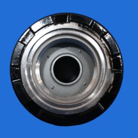 Close-up of a metallic bearing with a central hole, set against a blue background.