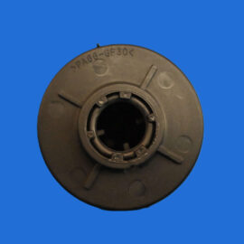 Close-up of a black circular plastic component with an inner bore, labeled PA66-GF30, on a blue background