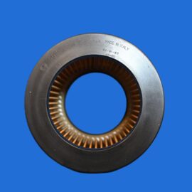 Close-up of a metal roller bearing ring with copper-colored rollers against a blue background