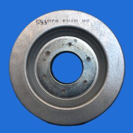 Close-up of a metal circular bearing against a blue background, showing outer and inner rings.