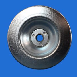 Close-up of a shiny metal circular component with a central hole on a blue background.