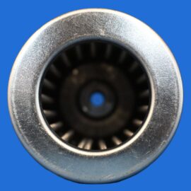 Close-up of a metallic cylindrical component with ribbed interior, set against a solid blue background.