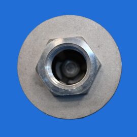 Close-up of a circular metal mechanical part with a central bore on a bright blue background.