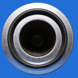 Close-up of a metallic speaker cone with a black surround, set against a solid blue background.