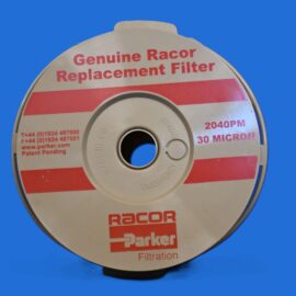 Close-up of a circular RACOR Genuine Replacement Filter canister on a blue background with red text markings, including Parker branding.