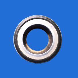 Close-up of a metallic circular ring with an inner textured surface on a solid blue background.