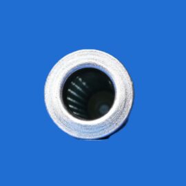 Close-up of a silver threaded metal ring with a dark hollow center on a blue background.