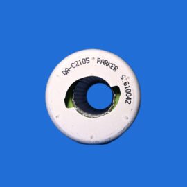 White circular component with a central hole and black inner ring, Parker label around the edge on a blue background