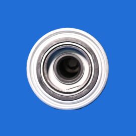 Close-up of a shiny metal bearing centered on a solid blue background.