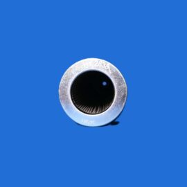Close-up of a silver metal lens mount opening against a solid blue background