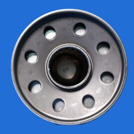 Close-up of a silver metal wheel hub with evenly spaced circular holes on a solid blue background.