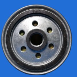 Close-up of a metal pulley wheel with multiple holes, set against a solid blue background.