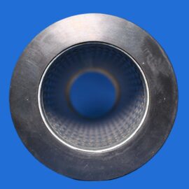 Close-up of a metal cylindrical tube viewed from the end, with a blue background behind it.