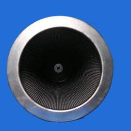 Close-up of a large round speaker cone with a metallic rim, viewed from the front against a blue background.