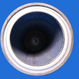 Close-up of a metal cylindrical filter with a diamond-mesh interior against a blue background