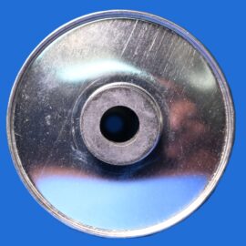 Close-up of a shiny metal can lid with a central hole, set against a blue background.