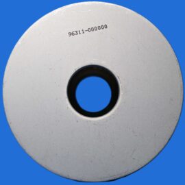 Close-up of a silver circular metal disk with the stamped code 96311-000000 on a blue background