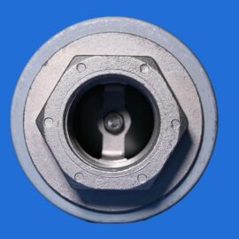 Close-up of a metallic mechanical component with a textured surface and circular bore, set against a solid blue background