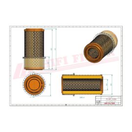 Engineering blueprint of a cylindrical air filter with orange end caps, shown in front, side, and top views with dimension lines