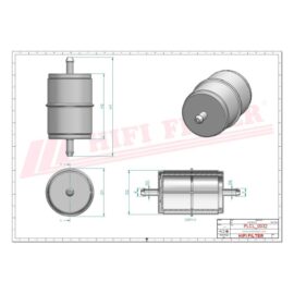 Engineering drawing of a cylindrical HiFi filter with multiple views (top, side, front) and dimension lines showing height and diameter.