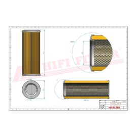Technical drawing of a cylindrical filter with pleated element and end caps, shown in multiple views with dimensions marked (engineering drawing).