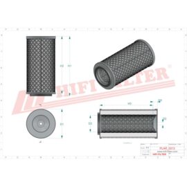 Engineering drawing of a cylindrical pleated air filter with top, side, and isometric views and dimension arrows.